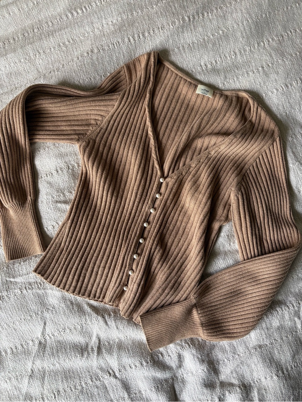 Aritzia Ribbed V-Neck Button-Front Cardigan in Tan